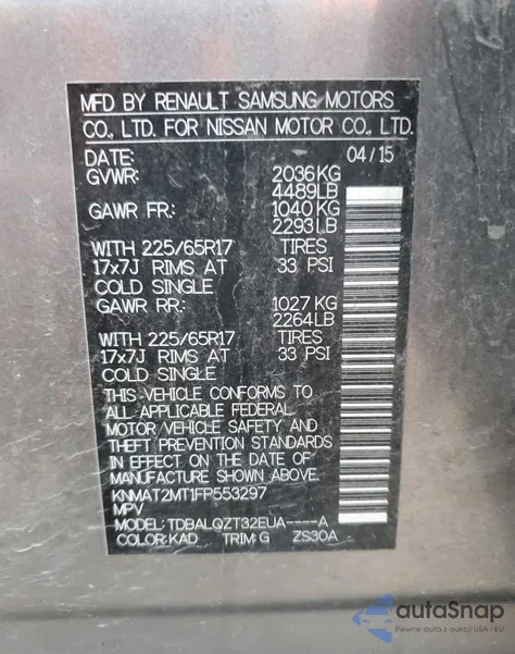 2015 Nissan Rogue Sv z USA, uszkodzony, nr VIN KNMAT2MT1FP553297